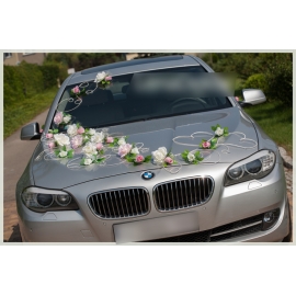 Autoschmuck für Hochzeit Ivory-Rosa-Rosen Rattanherzen