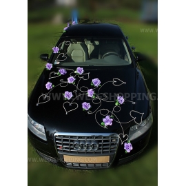 Autoschmuck Herzen und Rosen Licht lila für die Hochzeit