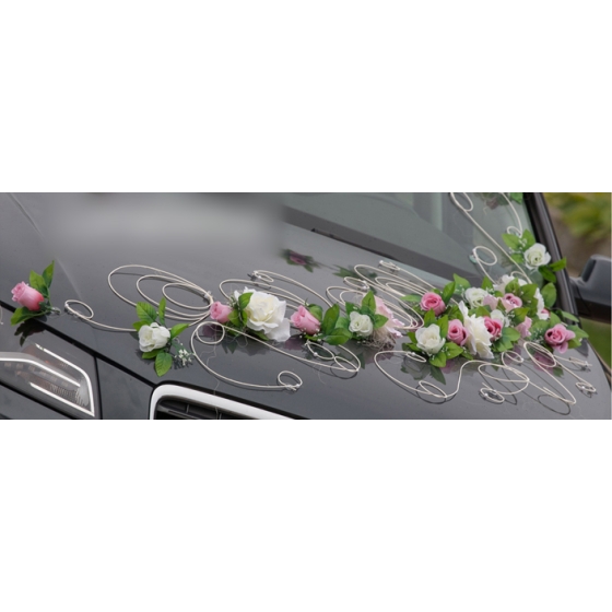 Autoschmuck für Hochzeit Ivory-Rosa-Rosen Rattanherzen