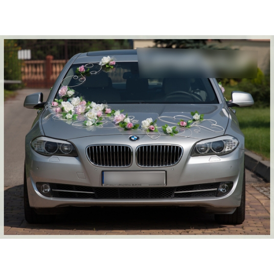 Autoschmuck für Hochzeit Ivory-Rosa-Rosen Rattanherzen