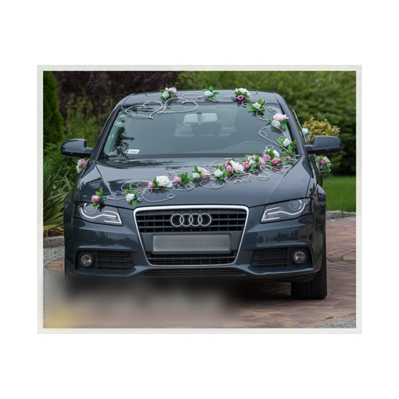 Autoschmuck für Hochzeit Ivory-Rosa-Rosen Rattanherzen
