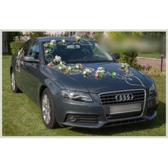 Autoschmuck für Hochzeit Ivory-Rosa-Rosen Rattanherzen