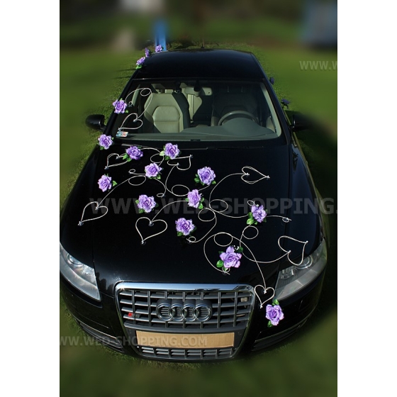 Autoschmuck Herzen und Rosen Licht lila für die Hochzeit