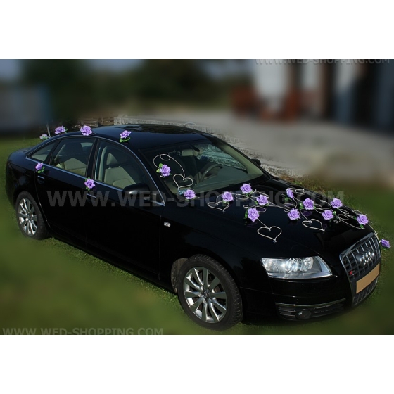 Autoschmuck Herzen und Rosen Licht lila für die Hochzeit
