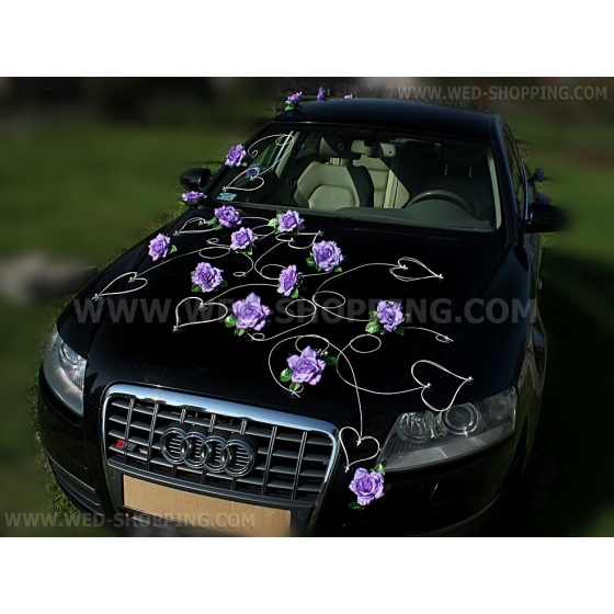 Autoschmuck Herzen und Rosen Licht lila für die Hochzeit