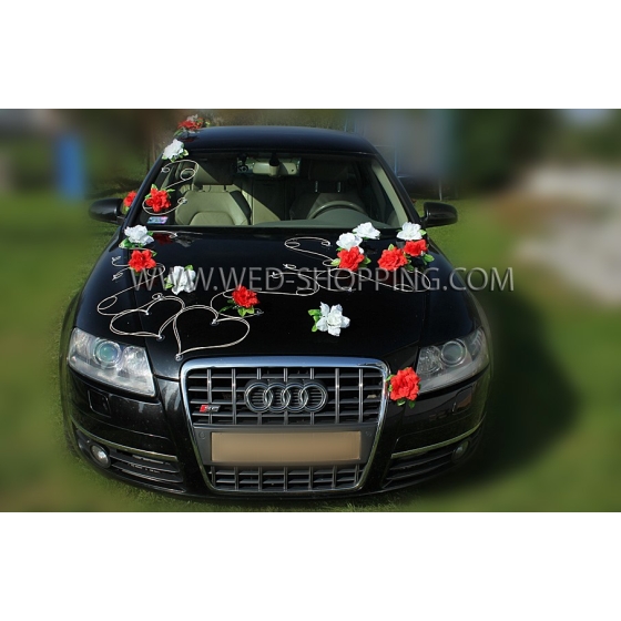 Dekoration-Kit für Hochzeit Auto - rot-weiße Rosen