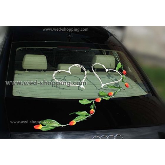 Autostrauß Hochzeitsauto Orange-gelbe Tulpen Kunstblumen