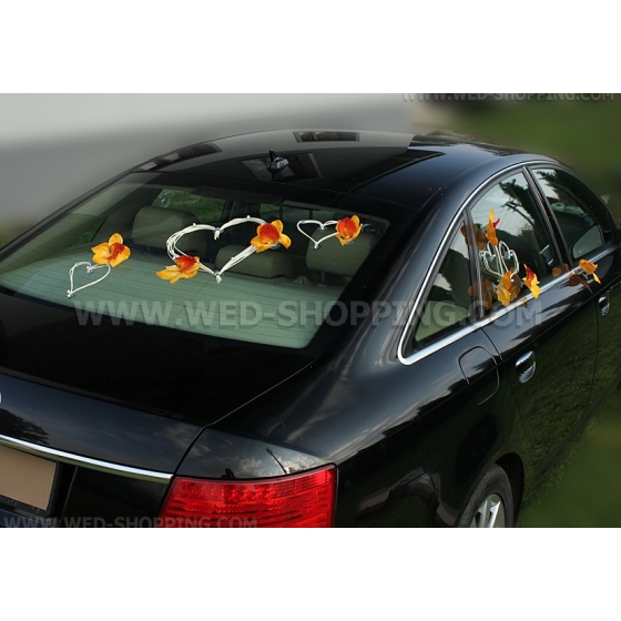 Weisse Herzen und orangefarben Orchideen Autoschmuck für Hochzeit