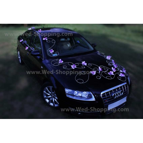 Autoschmuck Hochzeit flieder Orchideen