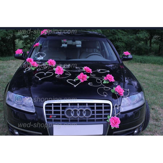 Autoschmuck für Hochzeit Rosa Rosen und Herzen