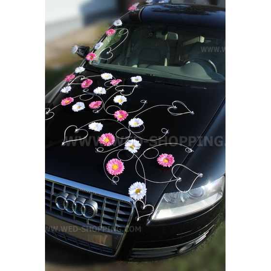 Rosa und Weiss Gerbera Autoschmuck Hochzeit