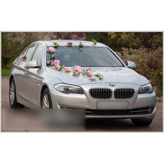 Dekoration für Hochzeitsauto rosa Rosen mit Rattan - Autodeko