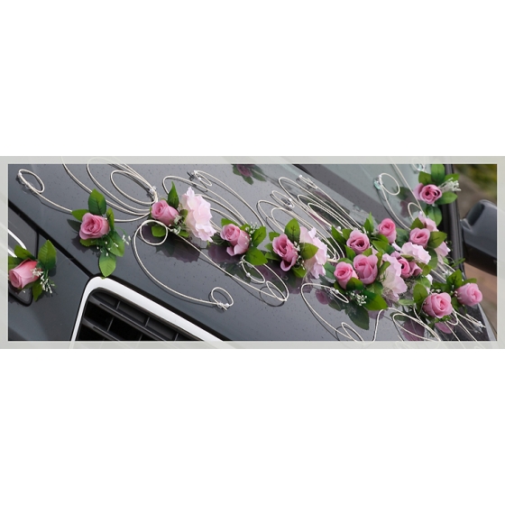 Dekoration für Hochzeitsauto rosa Rosen mit Rattan - Autodeko