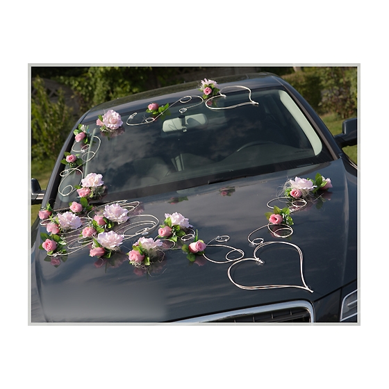 Dekoration für Hochzeitsauto rosa Rosen mit Rattan - Autodeko