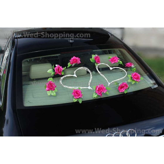Autoschmuck Hochzeit Dunkelpink Roses Rattanherz