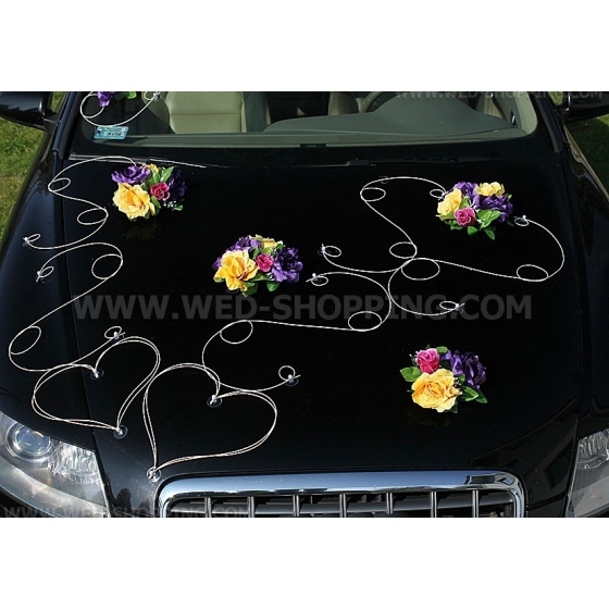 Violett-gelb-bordeaux Rosen Autoschmuck Hochzeit