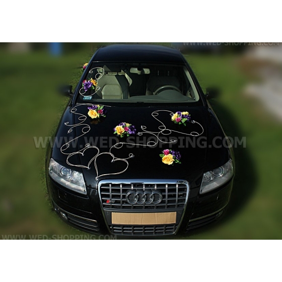 Violett-gelb-bordeaux Rosen Autoschmuck Hochzeit
