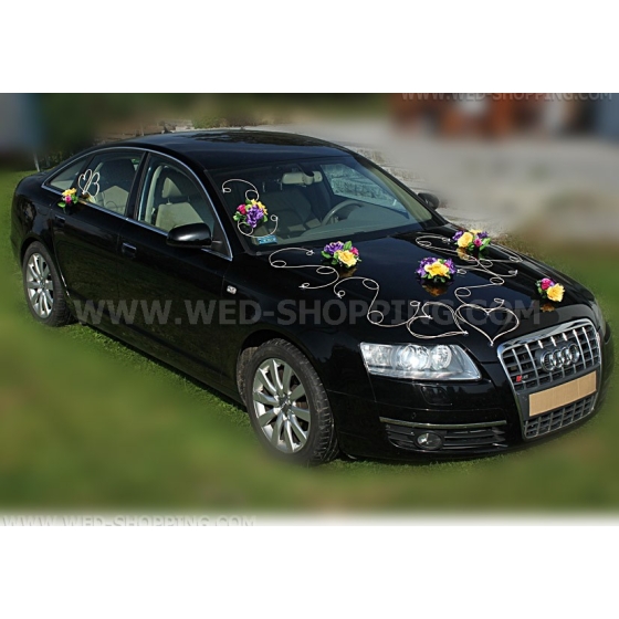 Violett-gelb-bordeaux Rosen Autoschmuck Hochzeit