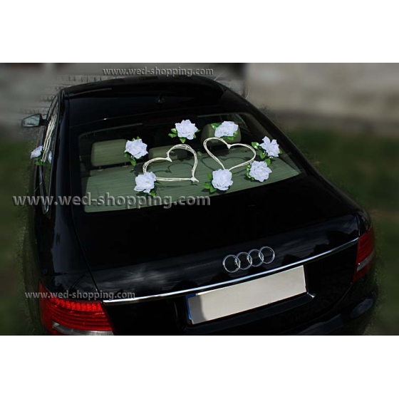 Autodeko Hochzeit Weiße Rosen Rattanherz
