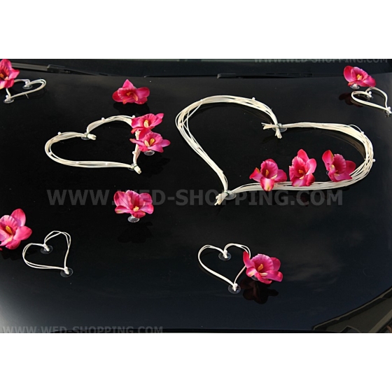 Autoschmuck Herzen und dunkel rosa Orchideen