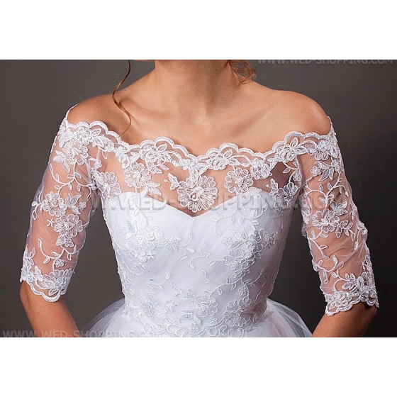 Weg-Schulter Spitze Brautbolero Hälfte lange Ärmel Spitze Elfenbein zurück Befestigungs - knöpfe