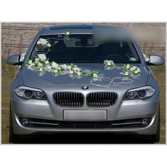 Hochzeits-Autoschmuck Set - Weiße Rosen Mit Gaze & 9 Saugnäpfen Für Brautpaar Auto