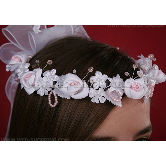 Weiß und Rosa Kopfschmuck Haarschmuck Tiara Diadem Kommunion Kranz